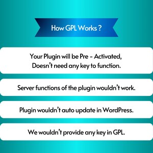 K&ouml;nnte beinhalten: Eine blaue und wei&szlig;e Grafik mit dem Text "How GPL Works?" und vier Aufz&auml;hlungspunkten, die beschreiben, wie GPL funktioniert. Die Aufz&auml;hlungspunkte sind: "Your Plugin will be Pre - Activated, Doesn't need any key to function.", "Server functions of the plugin wouldn't work.", "Plugin wouldn't auto update in WordPress.", und "We wouldn't provide any key in GPL."