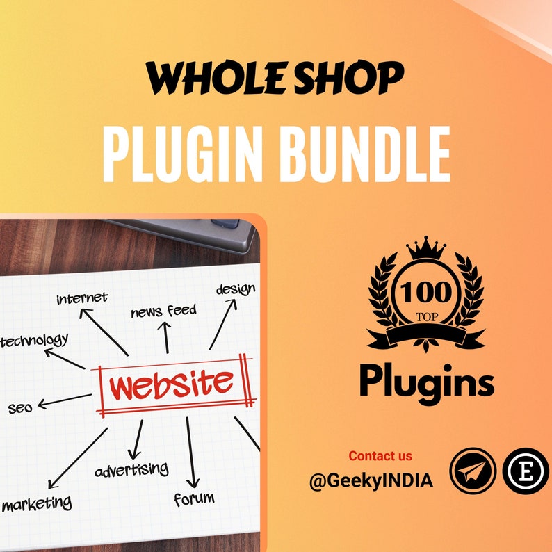 K&ouml;nnte beinhalten: Ein Diagramm, das zeigt, wie eine Website f&uuml;r verschiedene Zwecke verwendet werden kann, darunter Internet, Technologie, Newsfeed, Design, Werbung, Marketing und Forum. Das Diagramm ist von einem gelben Hintergrund umgeben, auf dem oben der Text "WHOLE SHOP PLUGIN BUNDLE" steht. Unter dem Diagramm befindet sich ein Schwarzwei&szlig;bild einer Krone mit dem Text "100 TOP Plugins" und dem Text "Contact us @GeekyINDIA".