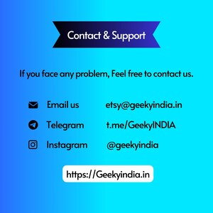 K&ouml;nnte beinhalten: Kontakt- und Supportinformationen f&uuml;r ein Unternehmen namens GeekyIndia. Das Bild enth&auml;lt Kontaktinformationen per E-Mail, Telegram und Instagram sowie eine Website-Adresse.