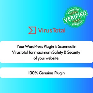 K&ouml;nnte beinhalten: Ein gr&uuml;nes verifiziertes Siegel mit dem Text "VERIFIED" in Wei&szlig;. Das Siegel befindet sich neben einem roten Pfeil, der nach rechts zeigt, und dem Text "Virus Total". Unter dem Siegel befindet sich ein wei&szlig;es Feld mit dem Text "Your WordPress Plugin is Scanned in Virustotal for maximum Safety & Security of your website." Darunter befindet sich ein weiteres wei&szlig;es Feld mit dem Text "100% Genuine Plugin".