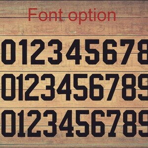 May include: Image showcasing three font options for numbers 0-9 in a bold, block style. The text "Font option" is in red at the top. Each set of numbers is displayed in black against a wooden background.