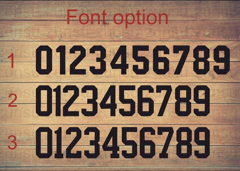 May include: Image showcasing three font options for numbers 0-9 in a bold, block style. The text "Font option" is in red at the top. Each set of numbers is displayed in black against a wooden background.