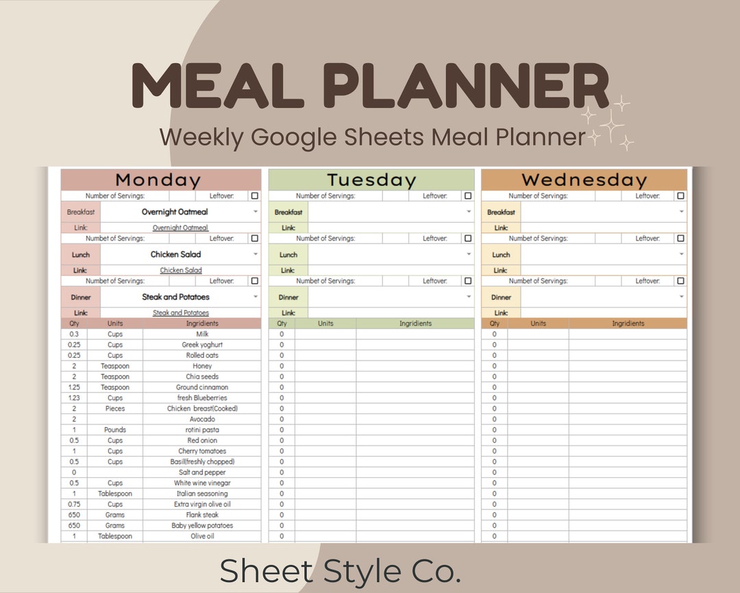Weekly Meal Planner Automated Grocery List Google Sheets Spreadsheets ...