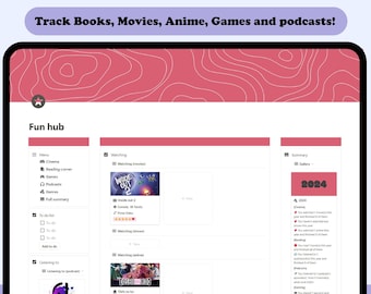 Entertainment notion hub, Book tracker, Movie tracker, Games tracker, Podcasts tracker, Audiobooks tracker, Notion template, Media tracker