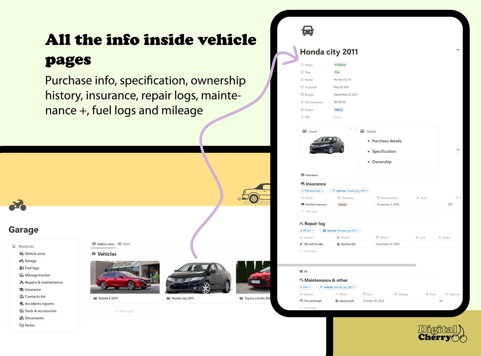 Notion Vehicle Template, Notion Garage Hub, Vehicle Management, Vehicle ...