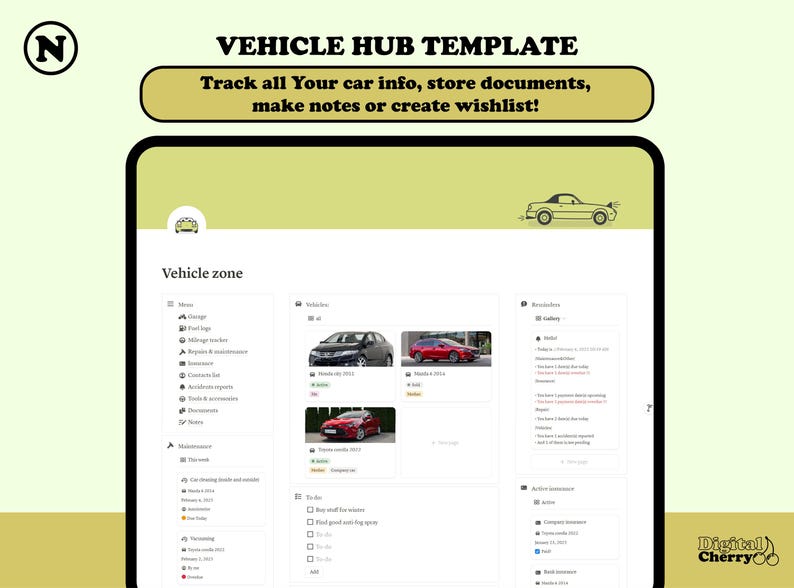 Notion Vehicle Template, Notion Garage Hub, Vehicle Management, Vehicle ...