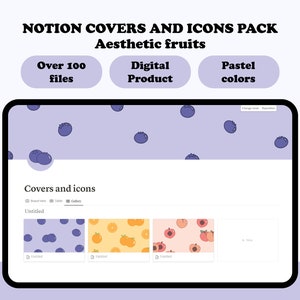 Könnte beinhalten: Ein Screenshot einer Notion-Seite mit helllila Hintergrund. Die Seite trägt den Titel "Cover und Icons" und zeigt drei verschiedene Muster von Fruchtikonen: Blaubeeren, Orangen und Pfirsiche. Die Icons sind in Pastellfarben gehalten. Der Text "Über 100 Dateien", "Digitales Produkt" und "Pastellfarben" wird in weißen Kästchen mit schwarzem Text angezeigt. Der Text "Digital Cherry" wird in einem roten Kästchen mit weißem Text angezeigt.
