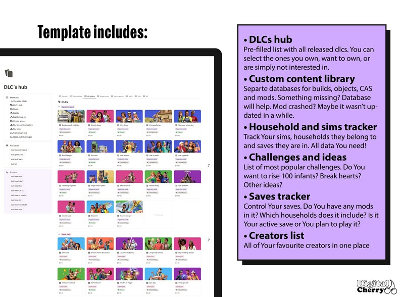 Sims 4 Notion Template, Notion Hub, Sims 4 Planner Etsy