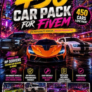 Op de afbeelding: Een digitale promotieafbeelding voor een 450 auto pack voor FiveM, met een centrale oranje sportwagen geflankeerd door een zwarte truck en een witte muscle car tegen een neon stadsachtergrond. De tekst bevat 450 CAR PACK FOR FIVEM en iconen.