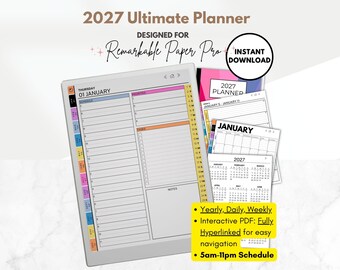 2027 Planner Template for reMarkable Paper Pro, 5am-11pm Daily Planner, Monthly Lined Calendars, Weekly, Yearly Template, Agenda