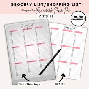 May include: Two printable grocery list templates for the Remarkable Paper Pro tablet. The first template has headings for different grocery categories, such as produce, meat & seafood, dairy, frozen, deli & bakery, pantry, drinks, household, and other. The second template is blank with pink lines.