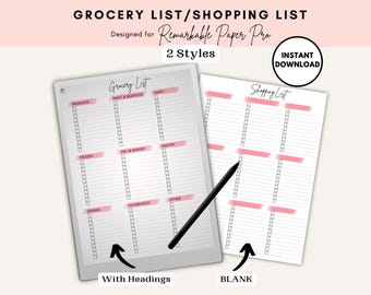 Grocery List, Shopping List Checklist, 2 styles, Left and Right Handed for menu planning, for e-ink reMarkable Paper Pro tablet