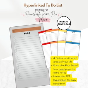 May include: Digital to-do list designed for Remarkable Paper Pro, with the text "Hyperlinked To Do List". Includes a large digital notepad and several smaller notepads in red, orange, yellow, and blue. The text "Instant Download" is in a circle.