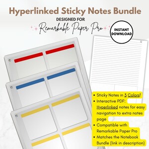 May include: A set of three digital sticky notes for the Remarkable Paper Pro. The notes are in red, blue, and yellow. The notes are hyperlinked for easy navigation to extra notes pages. The notes are compatible with the Remarkable Paper Pro and match the notebook bundle.