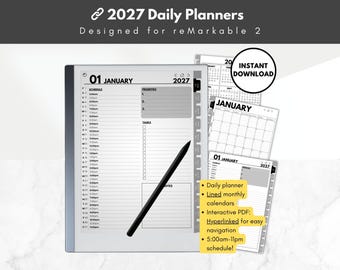 2027 Daily Planners, lined calendars, Template for reMarkable 2, monthly to-do lists and goals for e-ink reMarkable 2