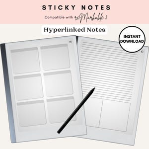 May include: Two digital sticky note templates for the reMarkable 2. The left template has six blank squares. The right template has lined paper and a blank square at the bottom. A black stylus is on the left template.