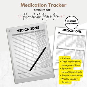 Op de afbeelding: Twee afdrukbare medicijn-tracker-sjablonen ontworpen voor de Remarkable Paper Pro. De eerste sjabloon heeft een kolom voor medicijn, dosering, tijd en een wekelijkse checklist. De tweede sjabloon heeft een sectie voor AM- en PM-medicijnen met een wekelijkse checklist.