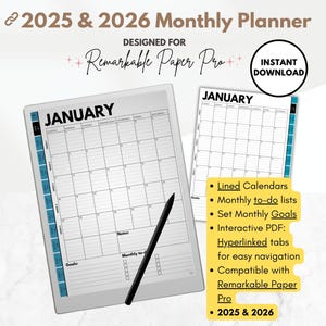 Modello di pianificatore mensile 2025 e 2026, calendari a righe, modello a colori, elenchi di cose da fare mensili, obiettivi per e-ink reMarkable Paper Pro