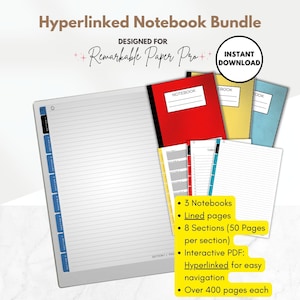 Hyperlinked Notebook Bundle in Color for reMarkable Paper Pro, 3 Lined Digital Notebooks, interactive PDF, templates for e-ink