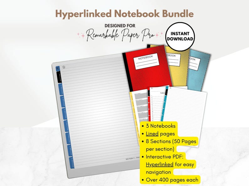 Hyperlinked Notebook Bundle in Color for Remarkable Paper Pro, 3 Lined ...