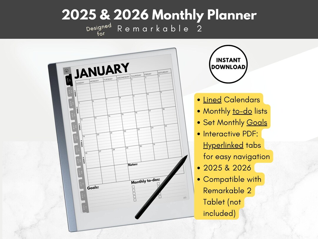2025 & 2026 Monthly Planner for Remarkable 2, Lined Calendars, Template 2025 & 2026 Monthly Planner for Remarkable 2, Lined Calendars, Template