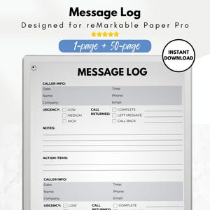 Op de afbeelding: Een afdrukbare berichtlogsjabloon ontworpen voor de reMarkable Paper Pro-tablet. De sjabloon bevat secties voor bellerinformatie, urgentie, teruggebeld, notities en actiepunten. De sjabloon is beschikbaar in zowel 1-pagina als 50-pagina versies.