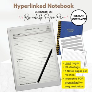 Meeting Minutes Template for reMarkable Paper Pro, 50 Hyperlinked Meetings, Meeting notes digital notebook, Color template, interactive PDF