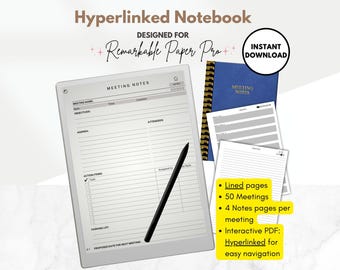 Meeting Minutes Template for reMarkable Paper Pro, 50 Hyperlinked Meetings, Meeting notes digital notebook, Color template, interactive PDF