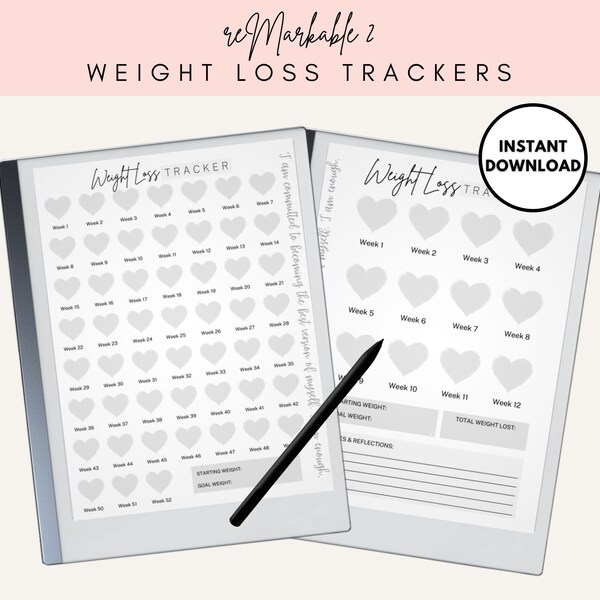 reMarkable 2 Template | Weight Loss Trackers 12 weeks and 52 weeks, Left and Right Handed versions for reMarkable 2 tablet