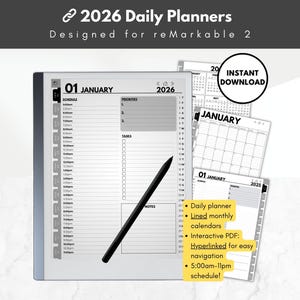 2026 Daily Planners, lined calendars, Template for reMarkable 2, monthly to-do lists and goals for e-ink reMarkable 2