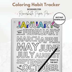 May include: A black and white printable colouring page for a habit tracker. The page features the months of the year, January through December, with each month's name in a large, bold font. The page is designed for use with the Remarkable Paper Pro.