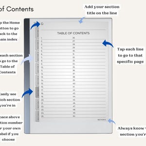 May include: A white digital notebook with a table of contents. The notebook has a gray cover and a black spine. The table of contents is numbered from 26 to 50. The notebook has a tabbed index on the left side. The text "TABLE OF CONTENTS" is at the top of the page. The text "SECTION 6" is at the bottom of the page.