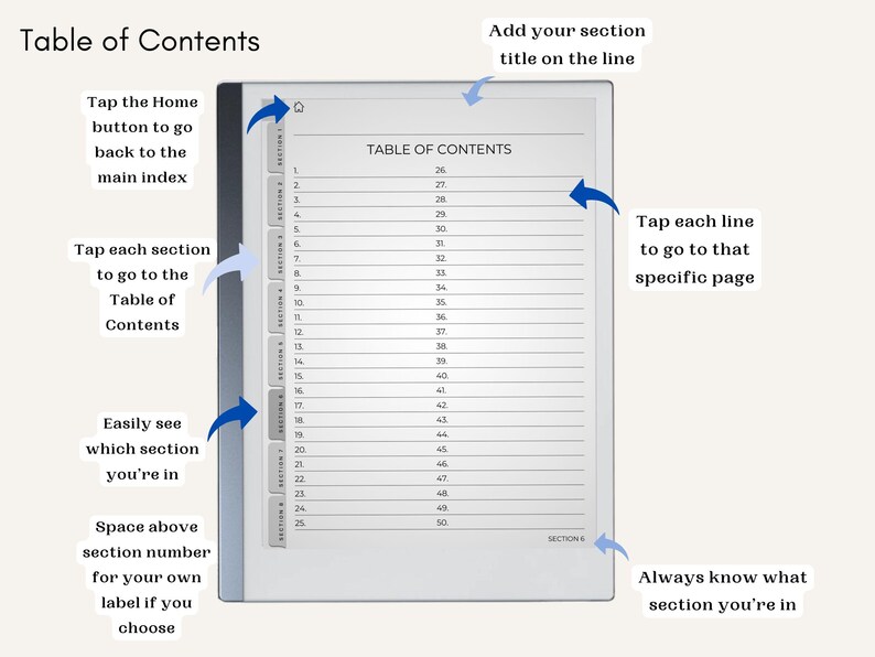 May include: A white digital notebook with a table of contents. The notebook has a gray cover and a black spine. The table of contents is numbered from 26 to 50. The notebook has a tabbed index on the left side. The text "TABLE OF CONTENTS" is at the top of the page. The text "SECTION 6" is at the bottom of the page.