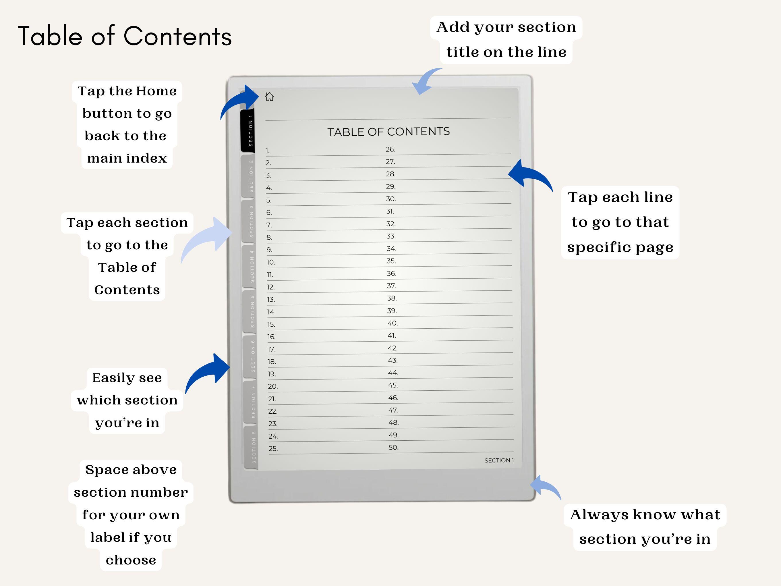 Lined Digital Notebook, 8 Hyperlinked Sections, Interactive PDF, Left ...