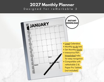 2027 Monthly Planner for reMarkable 2, lined calendars, Template for reMarkable 2, monthly to-do lists and goals for e-ink