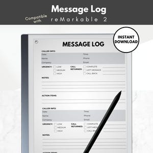 Registro de chamadas telefônicas, Registro de mensagens, Registro de correio de voz, Registro de comunicação, modelo pessoal ou comercial para reMarkable 2 Tablet, e-ink
