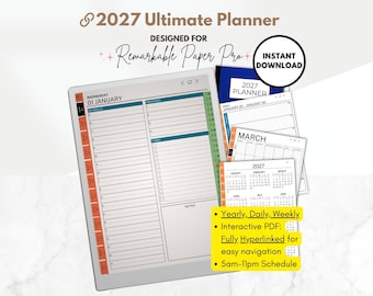 2027 Planner Templates for reMarkable Paper Pro, 5am-11pm Daily Planner, Monthly Lined Calendars, Weekly, Yearly Template, Agenda