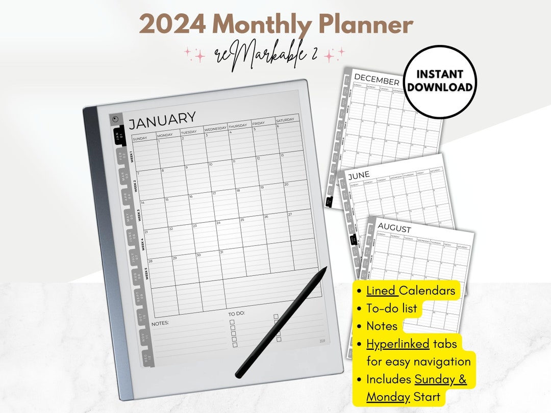 Remarkable 2 Templates 2024 Monthly Planner, Lined Calendars, Todo