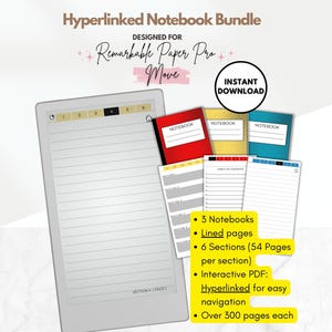 May include: A digital notebook bundle designed for Remarkable Paper Pro and Move. The image shows a tablet with lined pages and several colorful notebooks. Features include 3 notebooks, lined pages, 6 sections, and an interactive PDF.