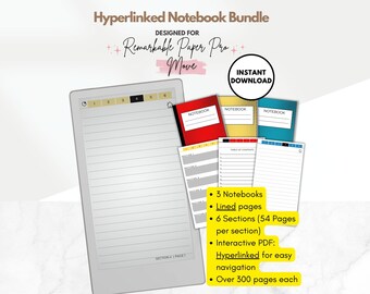 Hyperlinked Notebook Bundle for reMarkable Paper Pro MOVE, color, 3 Lined Digital Notebooks, interactive PDF, templates for e-ink