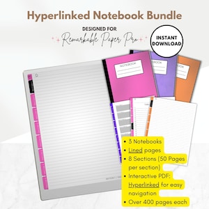 Hyperlinked Notebook Bundle in Color for reMarkable Paper Pro, 3 Lined Digital Notebooks, interactive PDF, template for e-ink