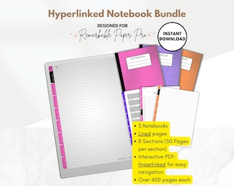 Hyperlinked Notebook Bundle in Color for reMarkable Paper Pro, 3 Lined Digital Notebooks, interactive PDF, template for e-ink