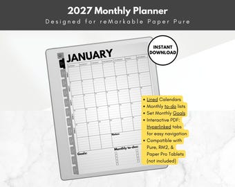 2027 Monthly Planner for reMarkable Paper Pure, lined calendars, Template for reMarkable Paper Pure, monthly to-do lists and goals for e-ink