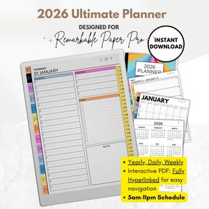 May include: A digital planner for 2026, designed for Remarkable Paper Pro. The image shows a digital planner with daily, weekly, and yearly views, and a 5am-11pm schedule. The planner is an interactive PDF with hyperlinks for easy navigation.