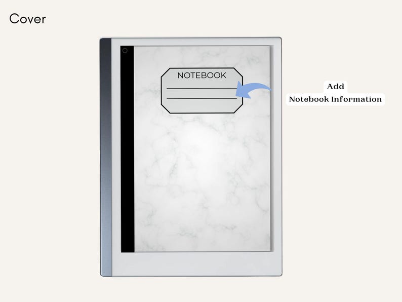 May include: A white e-reader with a black border and a white marble background. The screen displays a gray box with the word "NOTEBOOK" in black text. An arrow points to the box, indicating where to add notebook information.