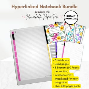 Hyperlinked Notebook Bundle in Color for reMarkable Paper Pro, 3 Lined Digital Notebooks, interactive PDF, templates for e-ink, Floral
