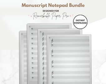 Manuscript Paper, 100 Page Notebook Bundle, Sheet Music, Staff Paper Template for reMarkable Paper Pro Tablet, Musicians, Piano Teachers