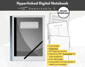 Digital Notebook, 8 hyperlinked sections, interactive PDF, left & right handed for e-ink reMarkable 2 tablet, professional for reMarkable 2