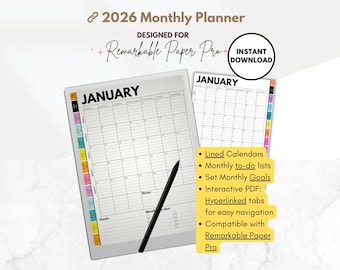 2026 Monthly Planner template for reMarkable Paper Pro, lined calendars, Simple color template, monthly to-do lists, goals