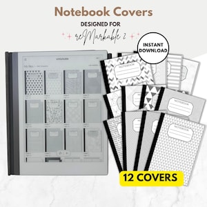 Notebook Covers for reMarkable 2, 12 notebook covers, templates for reMarkable 2 e-ink tablets